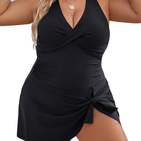 Women Plus Size Black Swim Dress with Ruched Detail and Built-In Skirt, X-Large - Picture 1 of 8